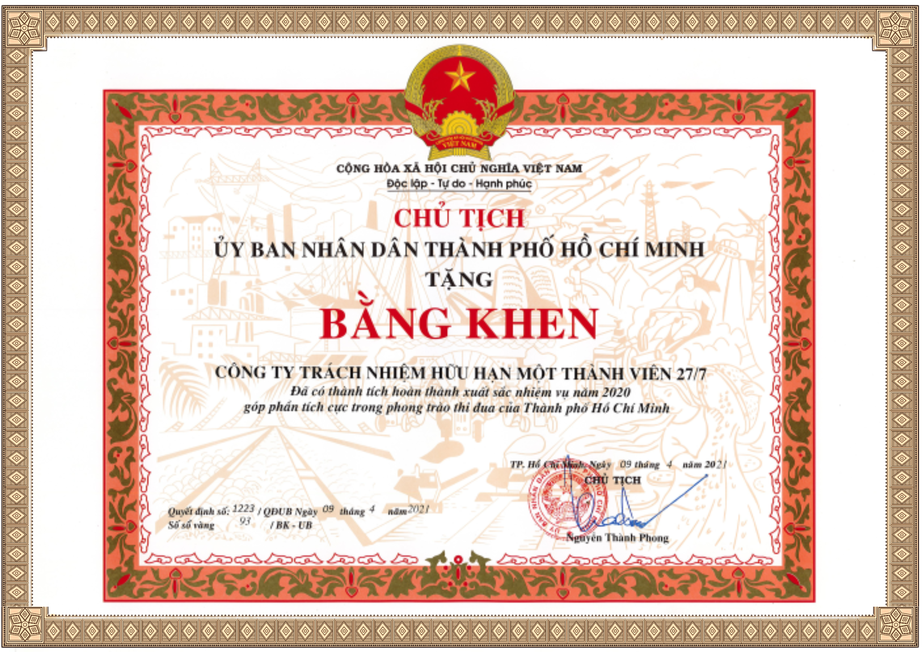 Bằng khen của Ủy ban nhân dân Thành phố Hồ Chí Minh (Năm 2021)